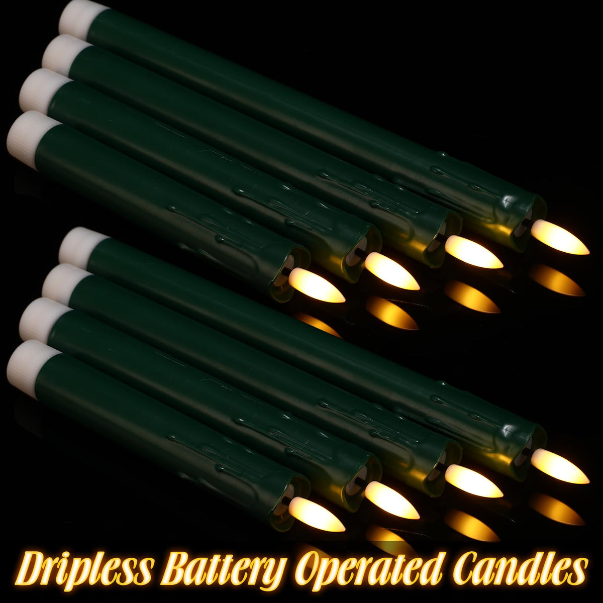 Macarrie 24 Pcs Green Flameless Taper Candles LED Battery Operated 6.5'', 7.7'', 8.8'', 10'' 3D Flickering Flame Candlesticks Drip Wax Shaped Candles for Wedding Birthday Party Decor