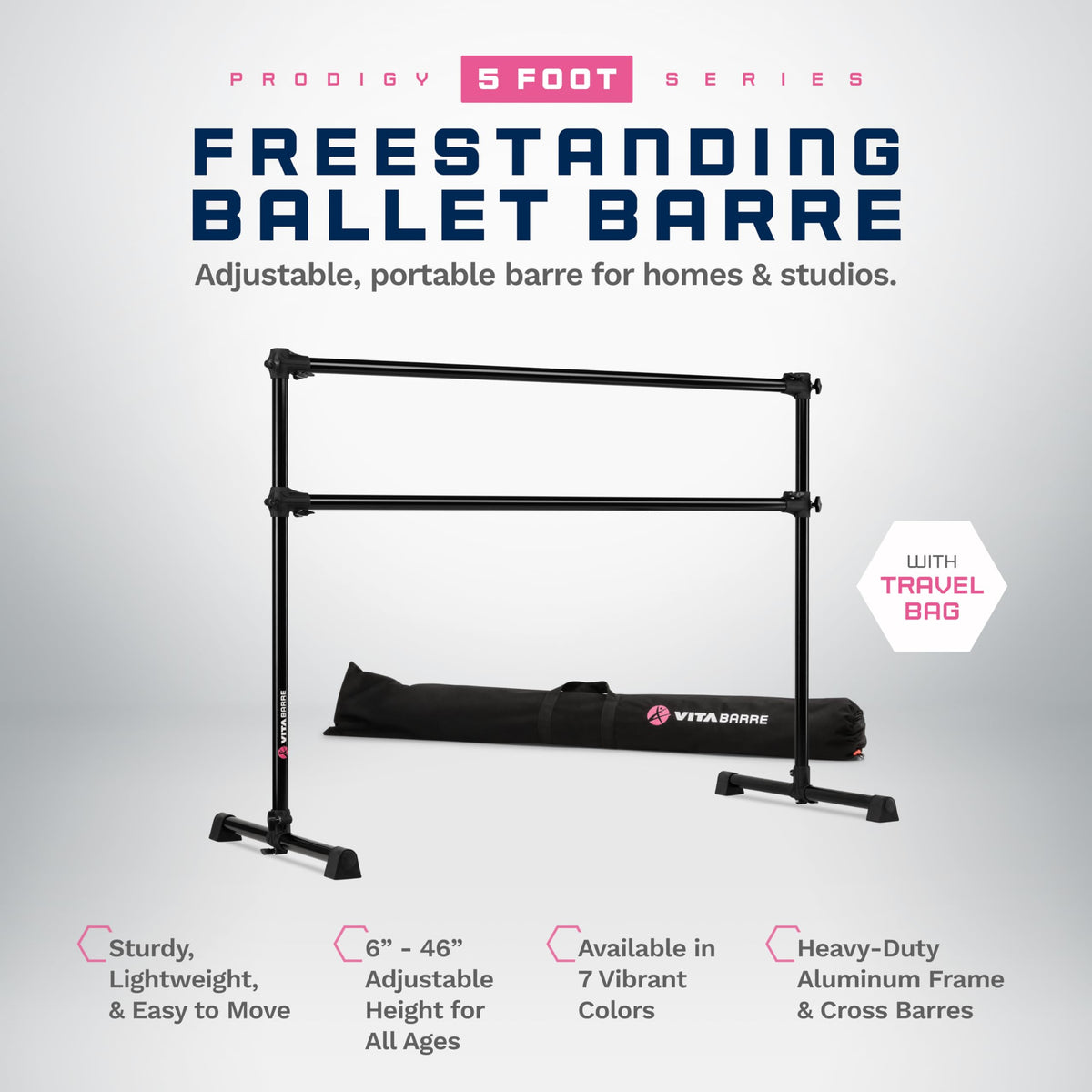 VITA Barre Portable Freestanding Double Ballet Barre, Prodigy, 5 Ft Bars, Black, with Bag | Adjustable Height, USA Made, Home or Gym Exercise Equipment for Kids & Adults | Dance, Fitness, Pilates