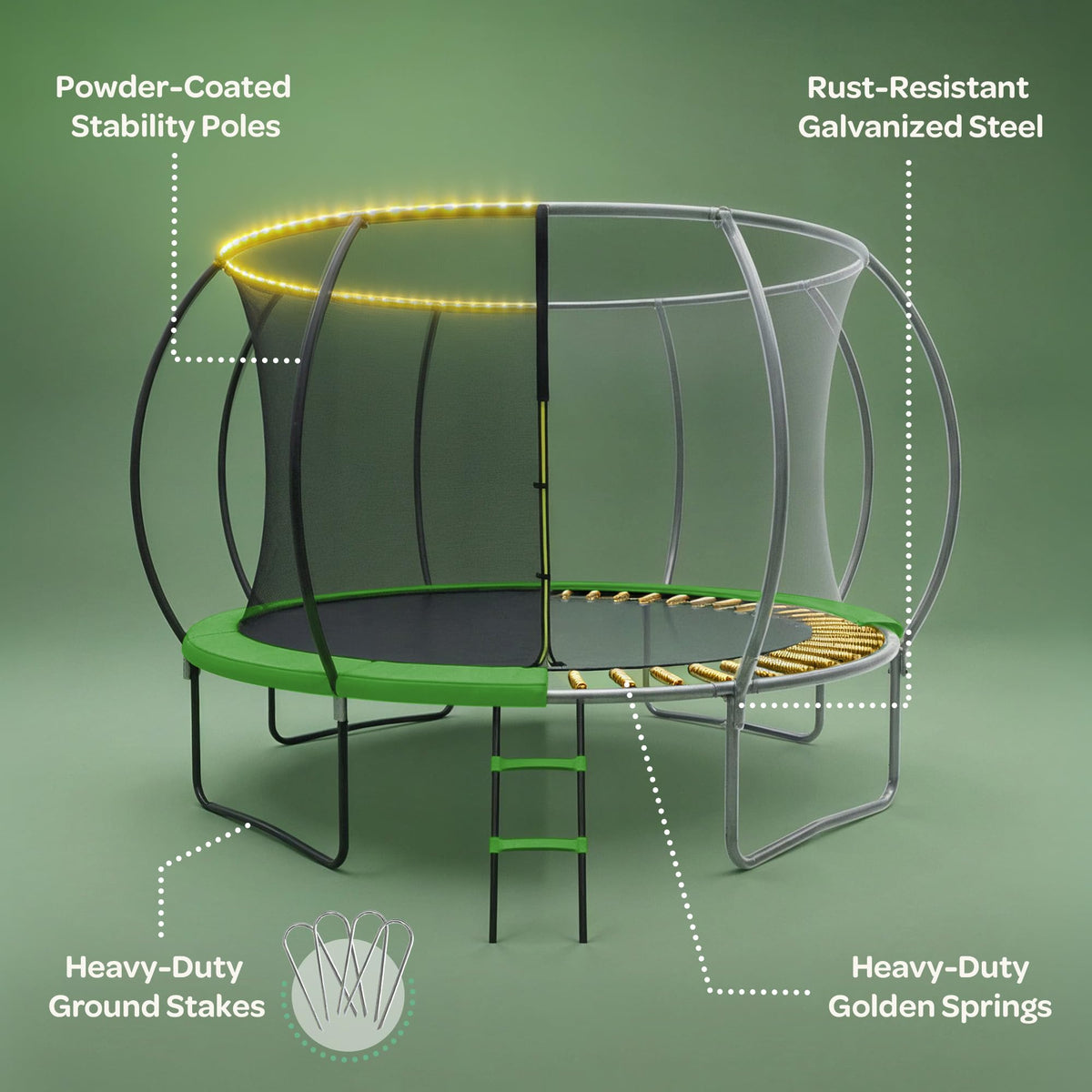 JoyBerri Trampoline Outdoor - Upsurge ASTM Certified Safe 8Ft 10Ft 12Ft 14Ft 15Ft 16Ft Recreational Trampoline for Kids and Adults. Anti-Rust Coating with Enclosure Net, Ladder, Sprinkler & LED Lights