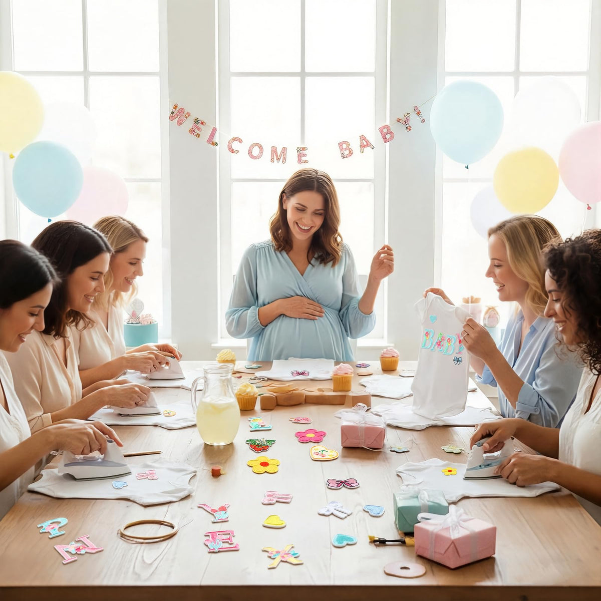 80 Pcs Baby Shower DIY Bodysuit Bibs Set Spring Iron on Transfers Cute Strawberry Bow Patches Baby Shower Decorating Kit 9 Cotton Bodysuits 9 Bibs 62 Iron on Embroidered Patches for Party Games