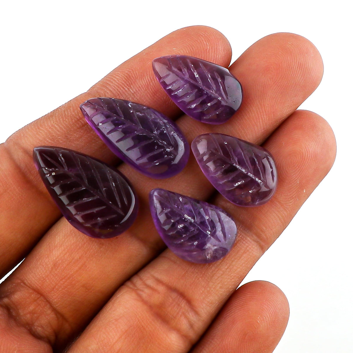 CRYSTALINES 5pcs, Natural Purple Amethyst Gemstone, Bulk Hand-Carved Stone, Wholesale Polished Leaf Cabochon, DIY Jewelry Making, Healing Crystal Supply, February Birthstone, Gem Collection