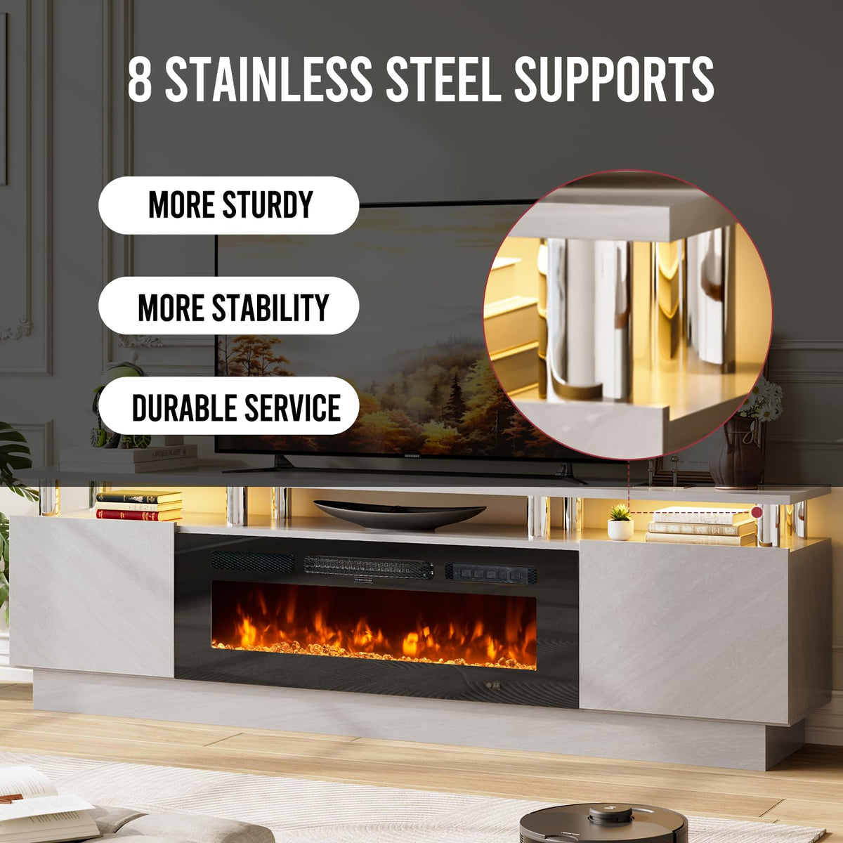 OneBlis 70" TV Stand for Living Room, Entertainment Center with Storage Cabinet, Fits TVs up to 80", Modern Media Console with Shelves, 36" Electric Fireplace (Grey+Black)