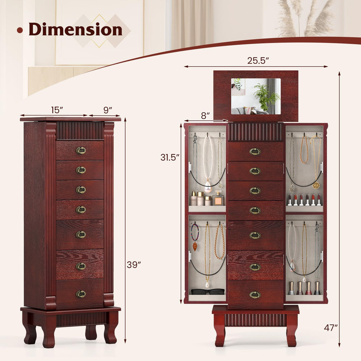 Giantex Standing Jewelry Cabinet with 7 Drawers, Flip-Top Mirror, 2 Side Doors with 12 Necklace Hooks, Divided Ring Compartments, Velvet-Lined Jewelry Armoire Organizer Chest (Cherry)
