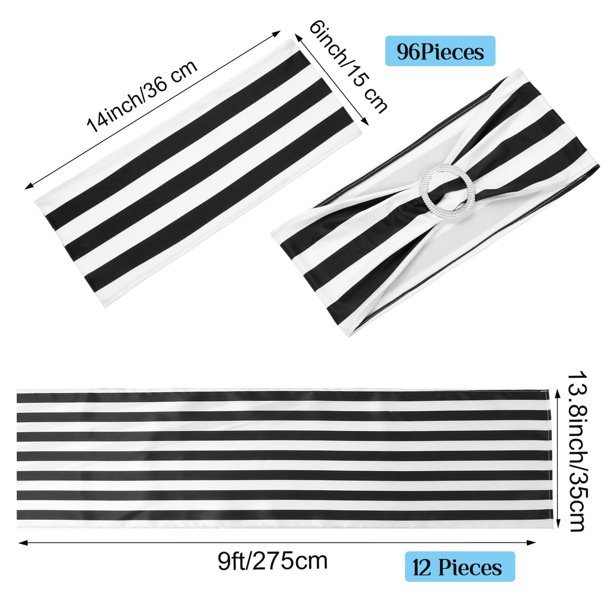 Newwiee 108 Pcs Stretch Chair Sashes with Table Runners, Sashes Fringe Table Runner for Party Wedding Reception Banquet Decorations (Black and White)
