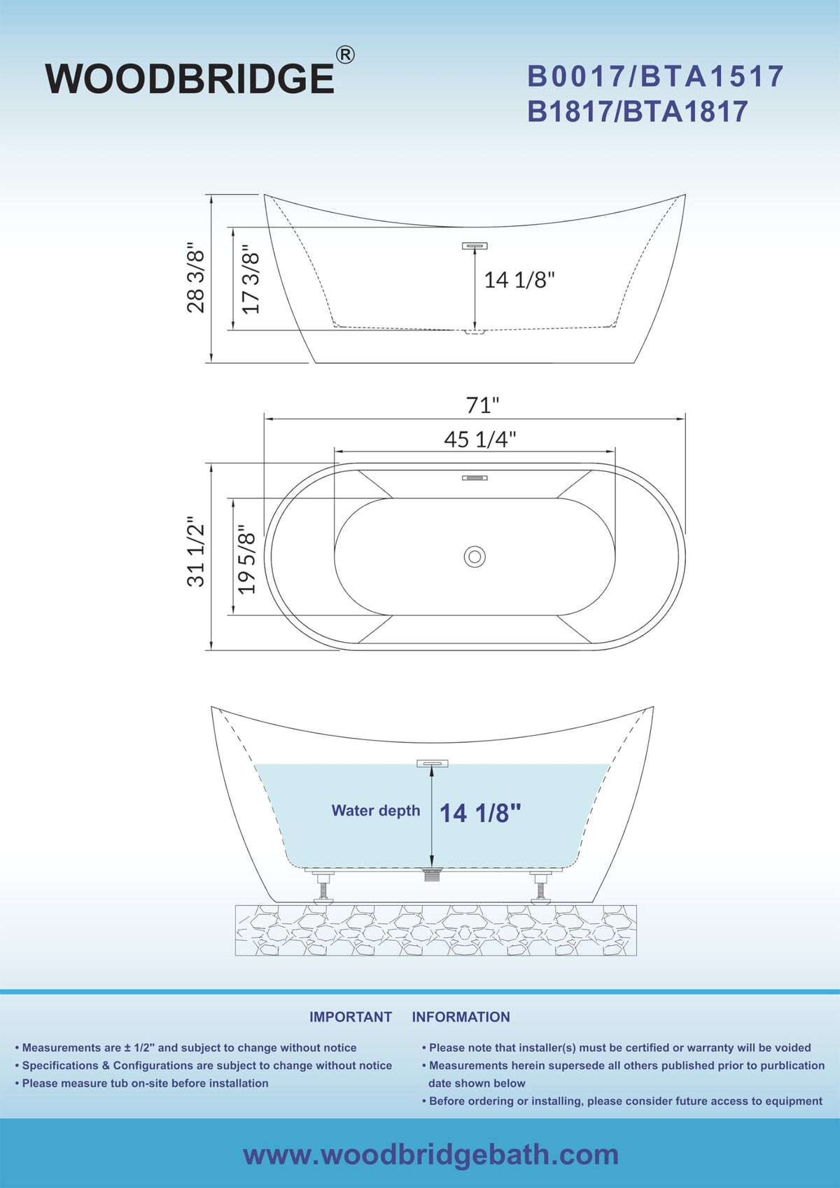 WOODBRIDGE 71" Acrylic Freestanding Bathtub Contemporary Soaking Tub , White Acrylic ( Matte Black Drain/Overflow),B0017 MB Drain &O