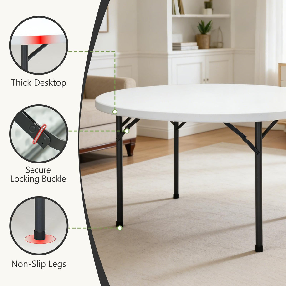 MAKE CHANGES 71" Folding Round Table, Plastic Dinner Table, Portable Folding Banquet Table for Living Room, Party or Outdoor Event, White