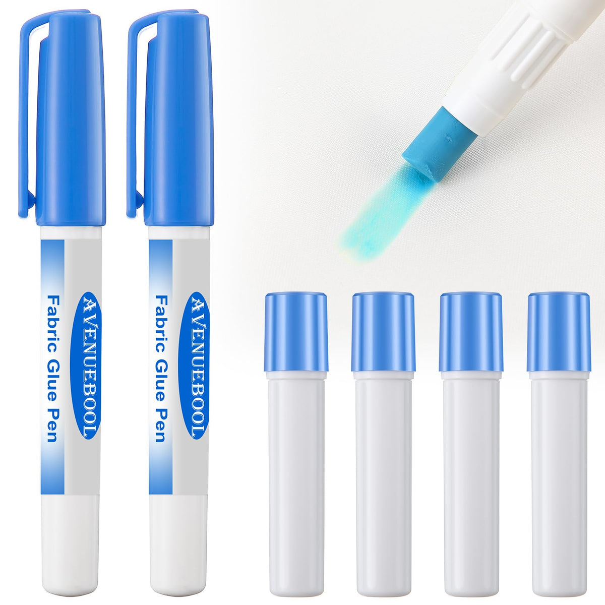 Avenuebool 2 Fabric Glue Pen with 4 Refill, Washable Temporary Fabric Sewing Adhesive, Temporary Blue Glue Stick for English Paper, Quilting, Piecing Patchwork Sewing