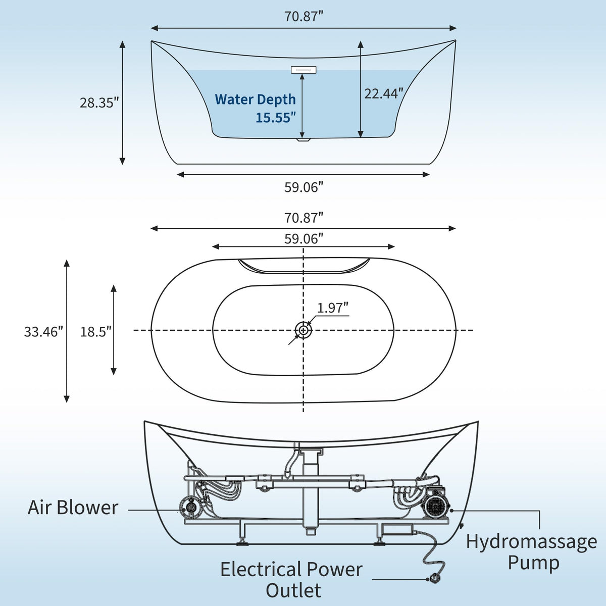 Luxury 71" Heated Whirlpool Bathtub, Smart Digital Control Acrylic Tub with Dual Air & Water Jets, Auto-Temp Heating System, Freestanding Rectangular Soaker with Complete Pump Kit, White