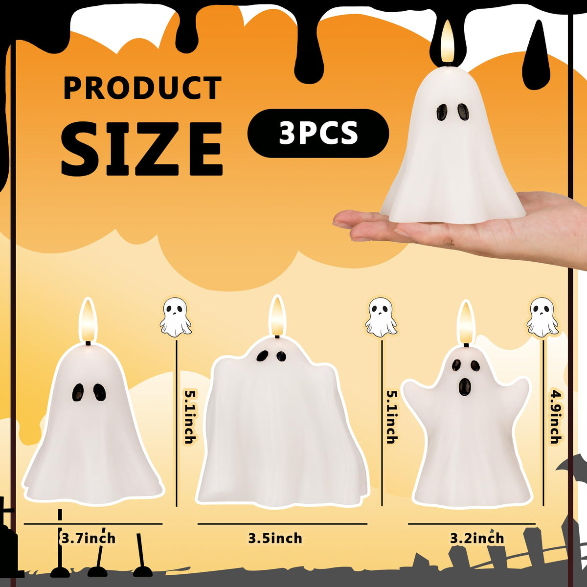 AFINETH Halloween Flameless Candles with Remote, Real Wax Ghost LED Candles, Flickering Battery Operated Fake Candle, Halloween Decorations for Table,Fireplace, Home, Party, Festival Decor (Set of 3)
