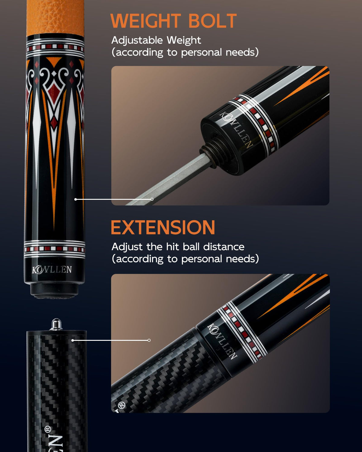 KONLLEN 2.0 Pool Cue Complete Set | Carbon Fiber Pool Cue with Professional Taper | Low Deflection Shaft for Adults & League Players