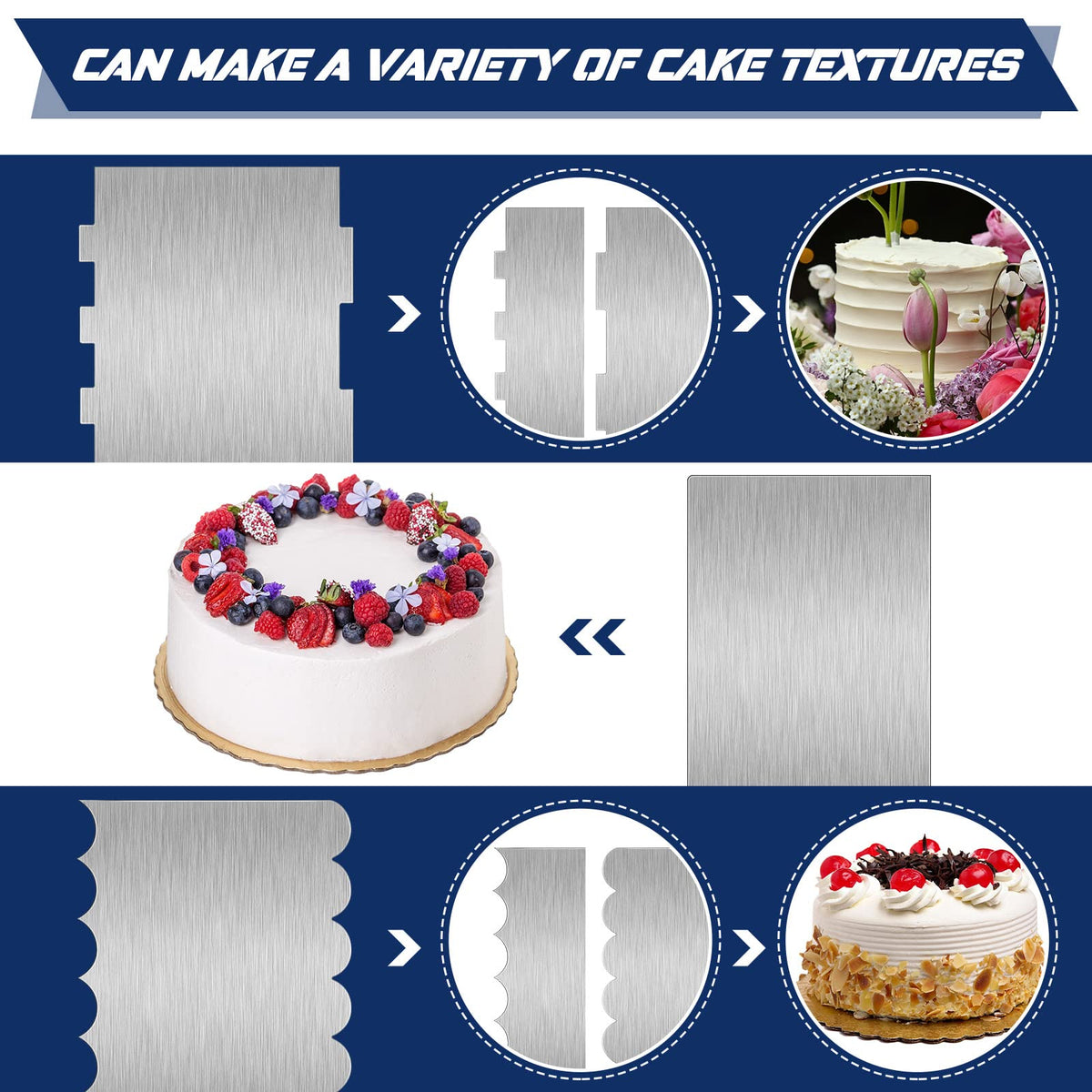 Yinkin 3 Pcs 12 Inch Cake Scraper Smoother Stainless Steel Cake Scraper Metal Large Double Sided Patterned Edge Decorating Comb Icing Smoother for Mousse Butter Cream Dessert Decoration