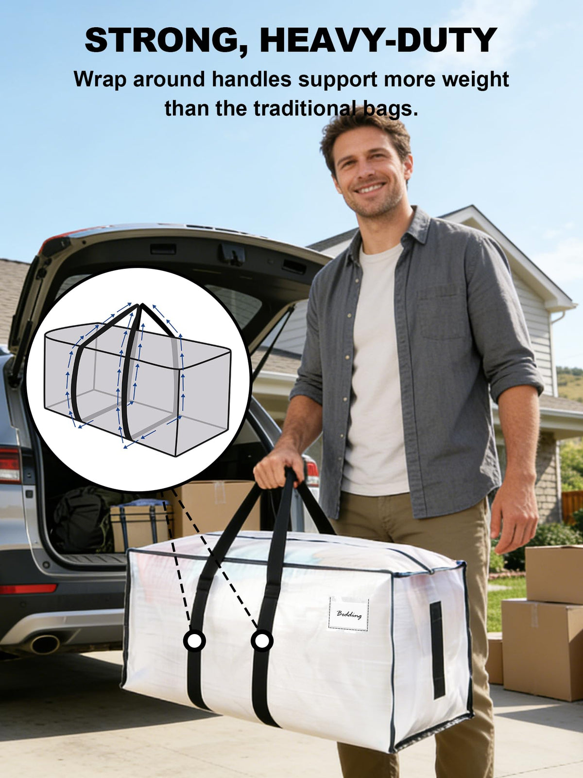 HOMESURE 8 Pack Large Strong Moving Bags with Zippers & Carrying Handles - Water-Resistant - Heavy Duty Storage Tote for Space Saving, Fold Flat, Alternative to Moving Box (Semi-Transparent)
