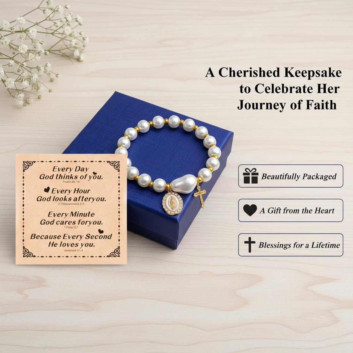 Virgin Mary Cross Bracelet,Blue Ceramic Pearl Rosary Bracelets with Miraculous Medal and Cross Charm,Religious Catholic Christian Faith Jewelry Gift Birthday Mothers Day Gifts for Women (white)