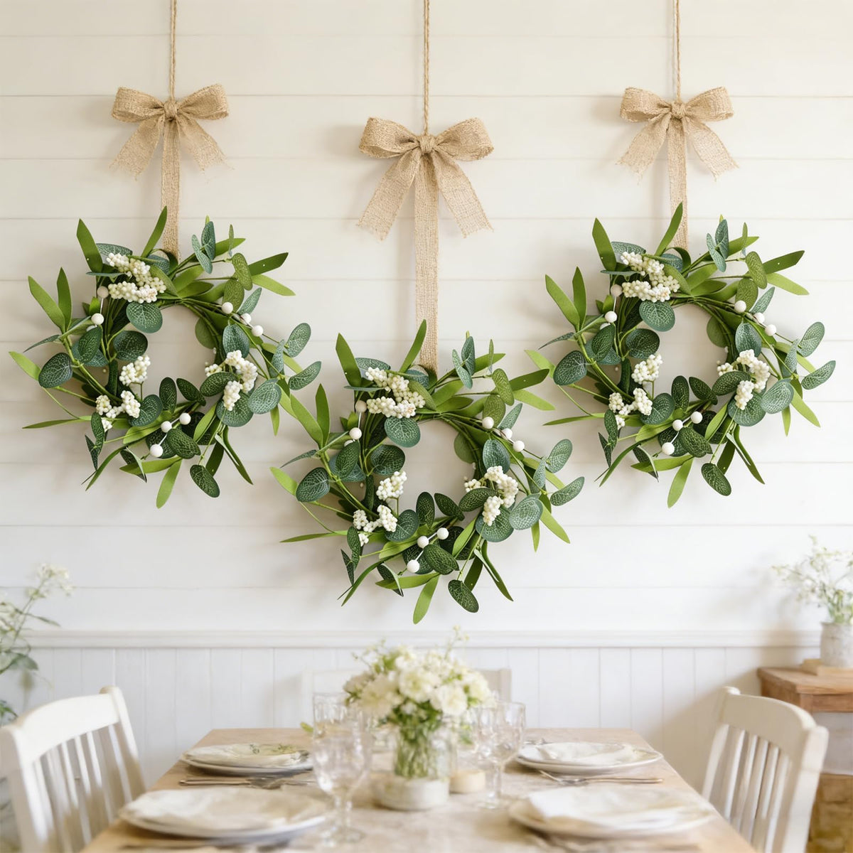 6 Pcs Green Artificial Eucalyptus Candle Rings Wreaths Mini Green Summer Kitchen Cabinet Wreath Table Centerpieces with White Berry for Pillars Farmhouse Porch Front Door Wedding Decor