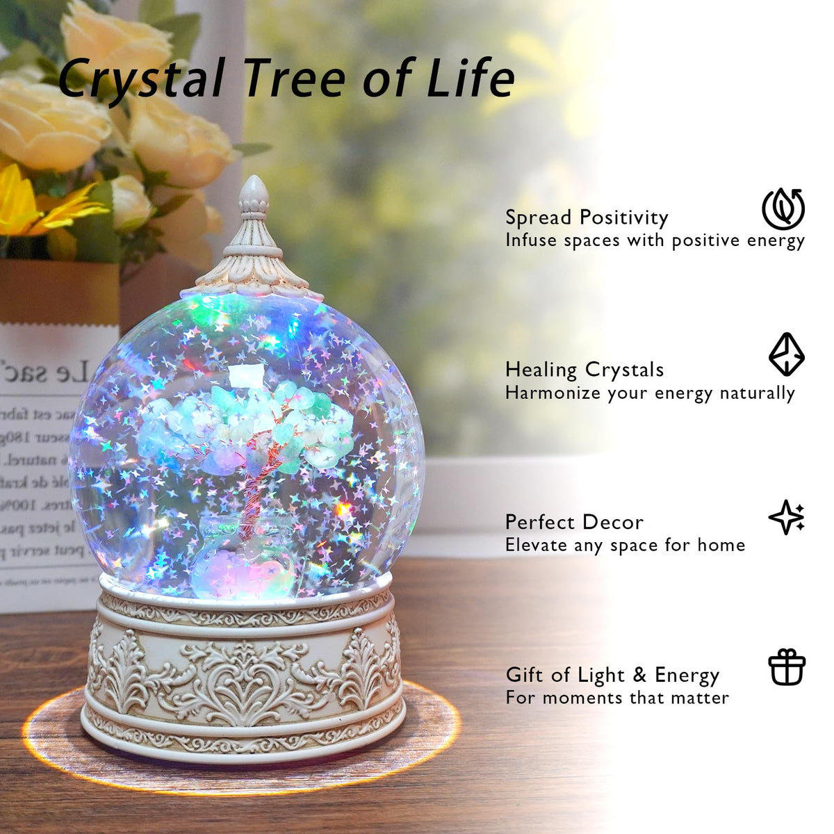 Green Aventurine Healing Crystal Tree Globe Colorful Lights and Glitter, Natural Gemstone Base, Spiritual Meditation, Positive Energy Good Luck, Home Decor, Birthday Gifts (Green Aventurine)