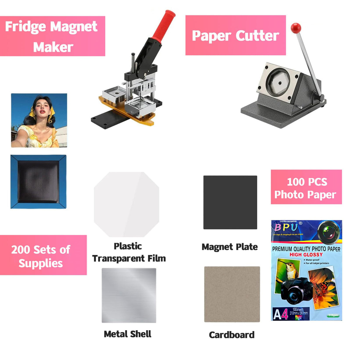 2X2 inch Square Refrigerator Photo Magnet Maker Machine, DIY Custom Badge Maker with Picture Cutter+200 Sets of Supplies +100 Sheets of Photo Paper