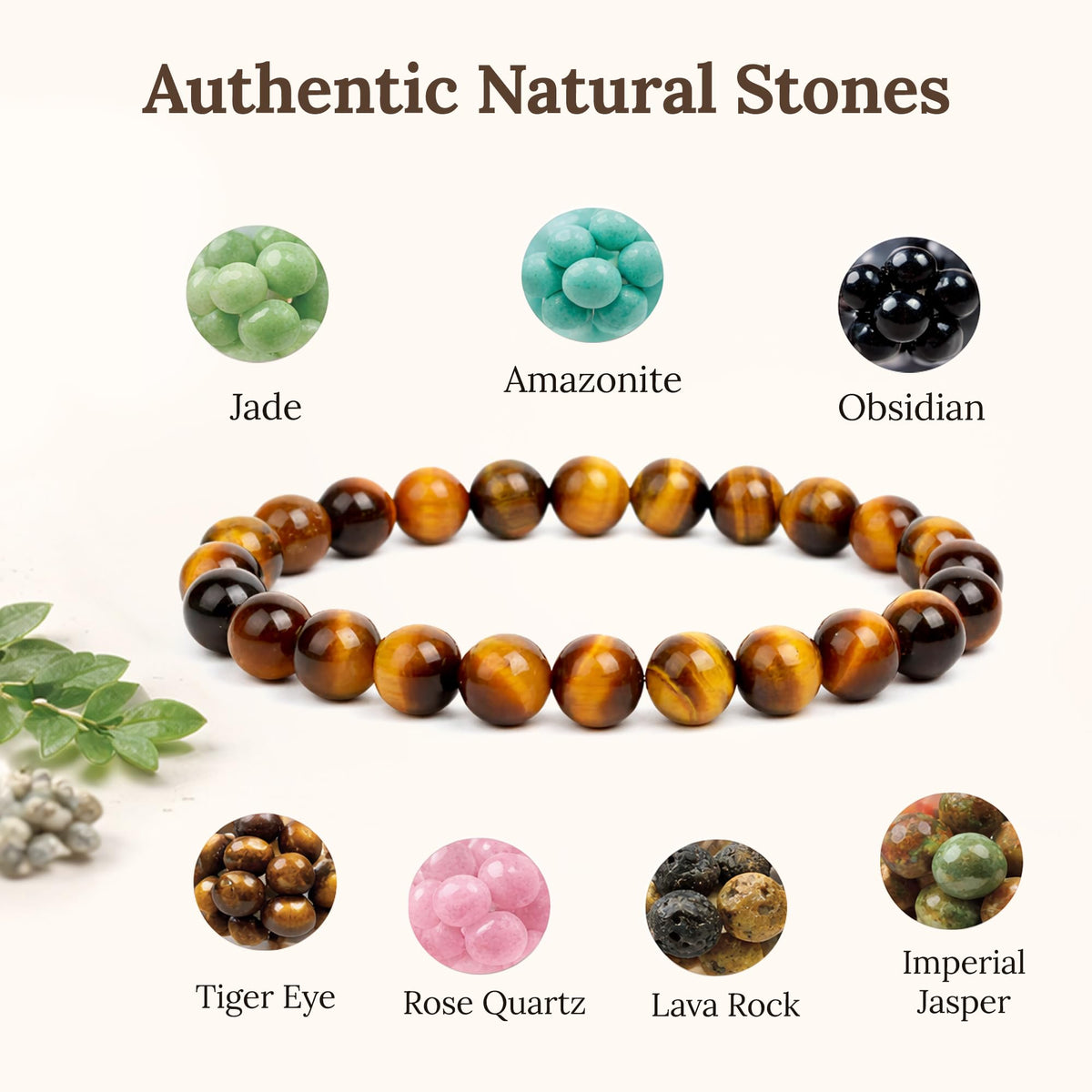 Elm City Direct 8mm Natural Stone Beaded Bracelet – Unisex Crystal Stretch Bracelets for Men & Women, Chakra & Healing Jewelry, Gift-Ready Beaded Bracelets (Tigers Eye, 8mm)