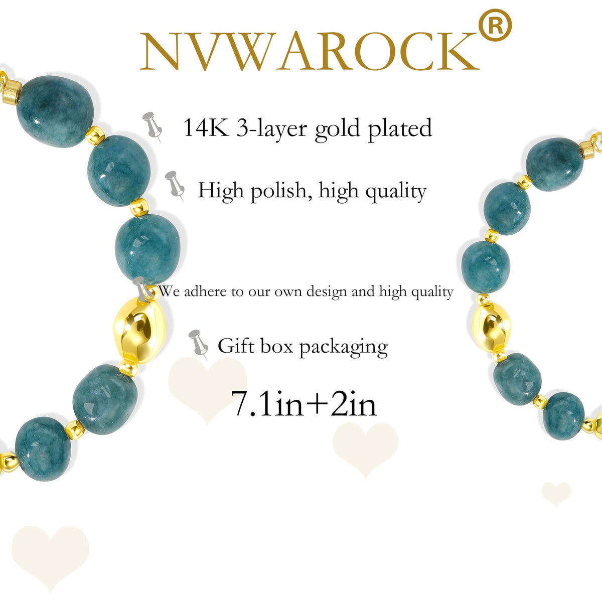 NVWAROCK Beaded Bracelet for Women, Gemstone Bracelet, 14K Gold Plated Stackable Handmade Oval Stone Bracelet Jewelry Gift - Blue