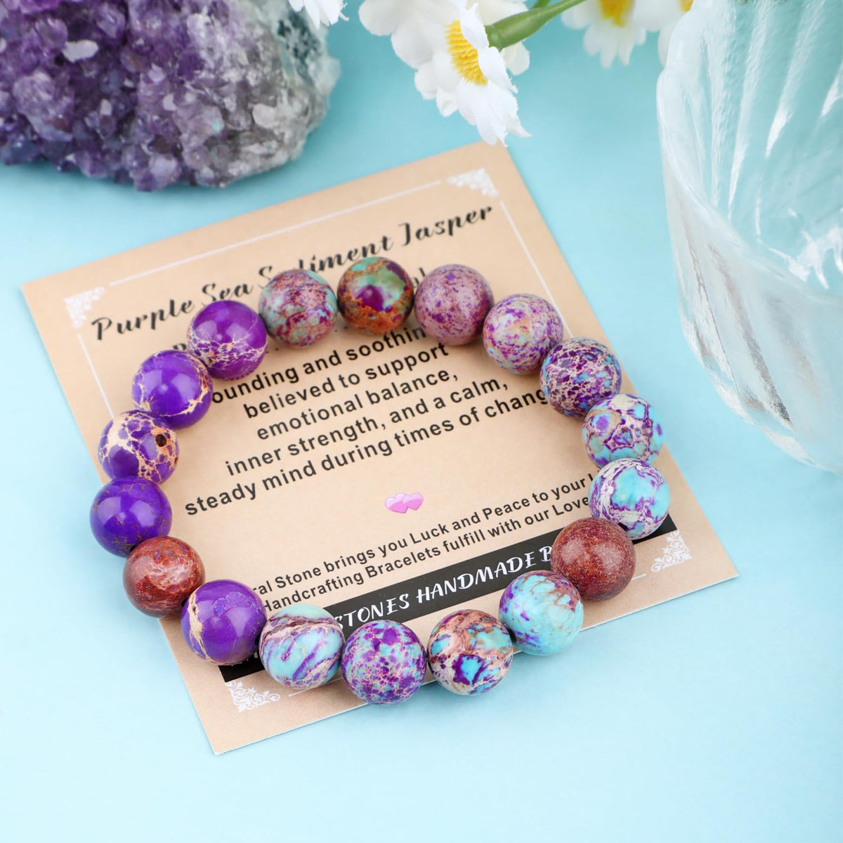 AD Beads 4mm Handmade Purple Sea Sediment Imperial Jasper Elastic Bracelet – Natural Gemstone for Joy & Positivity – Meditation, Yoga, Healing and Energy Gift for Men Women