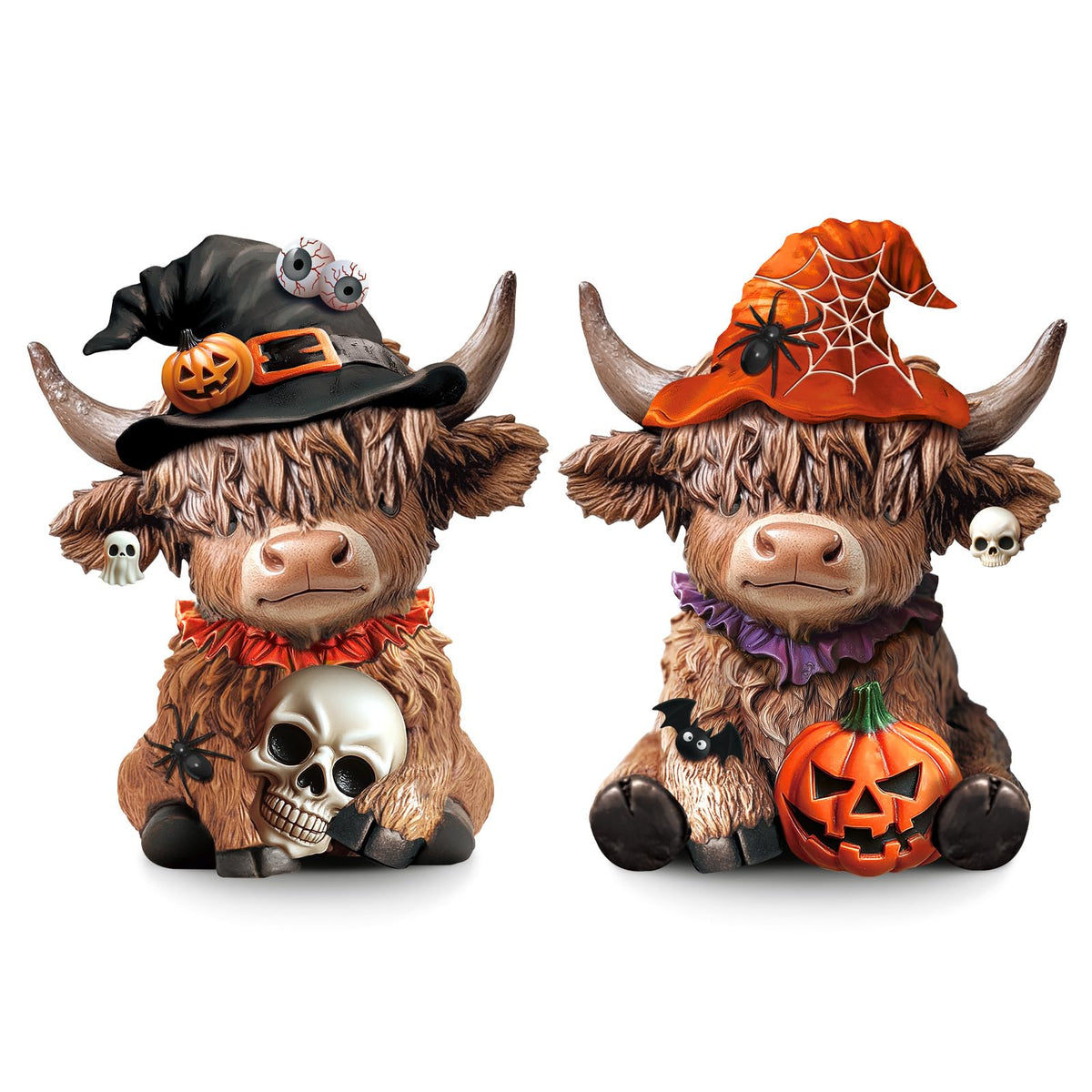 Karenhi 2 Pcs Highland Cow Figurines Halloween Pumpkin Skull Spider Highland Cow Gnomes Scottish Resin Statue Calf Lovers Gifts for Halloween Home Garden Kitchen Office Tiered Tray Table Decor