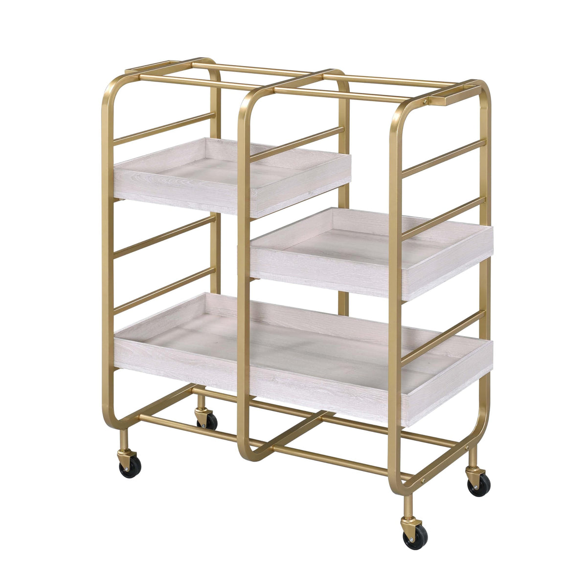 Qwtrvlizi Gold and White Washed Serving Cart with 3 Adjustable Trays