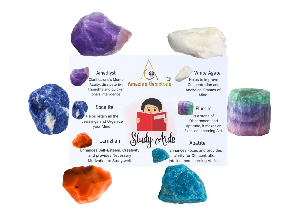 Amazing Gemstone Crystals for Studying Students Success Manifestation, Set of 6 Amethyst, Sodalite, Carnelian, White Agate, Fluorite and Apatite Healing Crystals and Stones