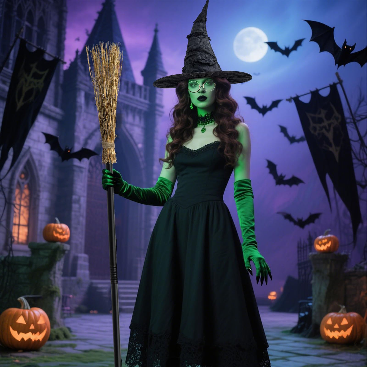 Hlimior 4 Pcs Halloween Witch Costume Set Include Black Witch Hat Broomstick Green Claw Gloves & Glasses,Halloween Costume Accessories for Women Cosplay & Party Fun