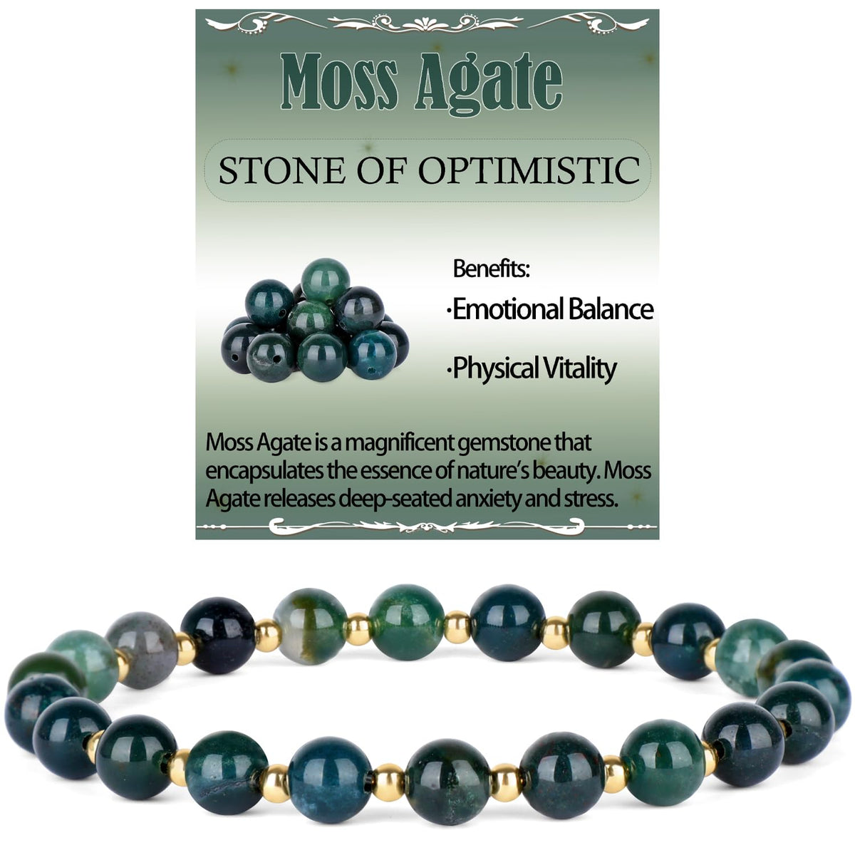 QOGIR Moss Agate - Stone of Optimistic - 14K Gold Plated Beads Natural Gemstone Stretch Elastic Dainty Healing Beaded Bracelets Gifts 6mm