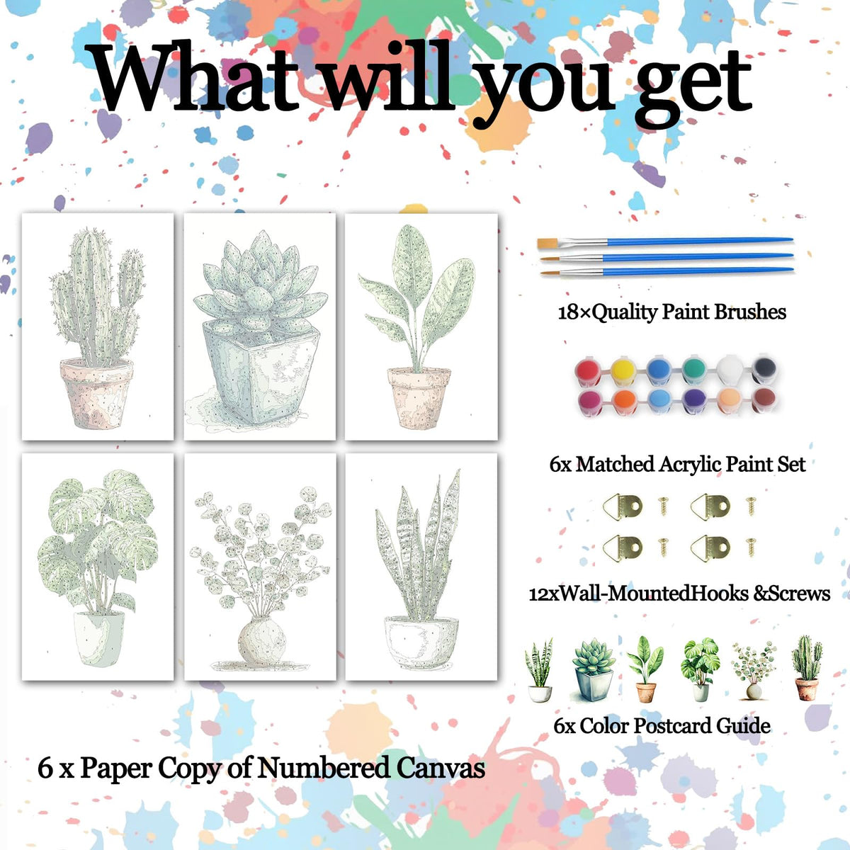 6 Pack Plant Paint by Numbers Kit for Adults Beginners 8x12 Inch, Potted Green Plant Paint by Number Kits on Canvas Without Frame, Easy DIY Acrylic Painting by Numbers for Home Wall Decor Gift
