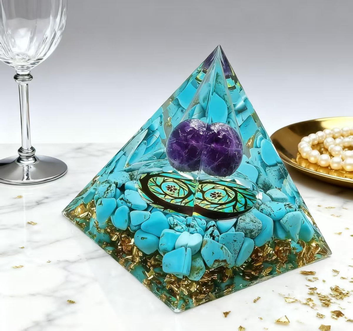 ycyingcheng Moonstone Crystal Orgone Pyramid Ogan Crystal Energy Tower, Nature Reiki Chakra Crushed Stone Jewelry, Crystal Pyramid for Home Decor (Turquoise+Amethyst Ball)