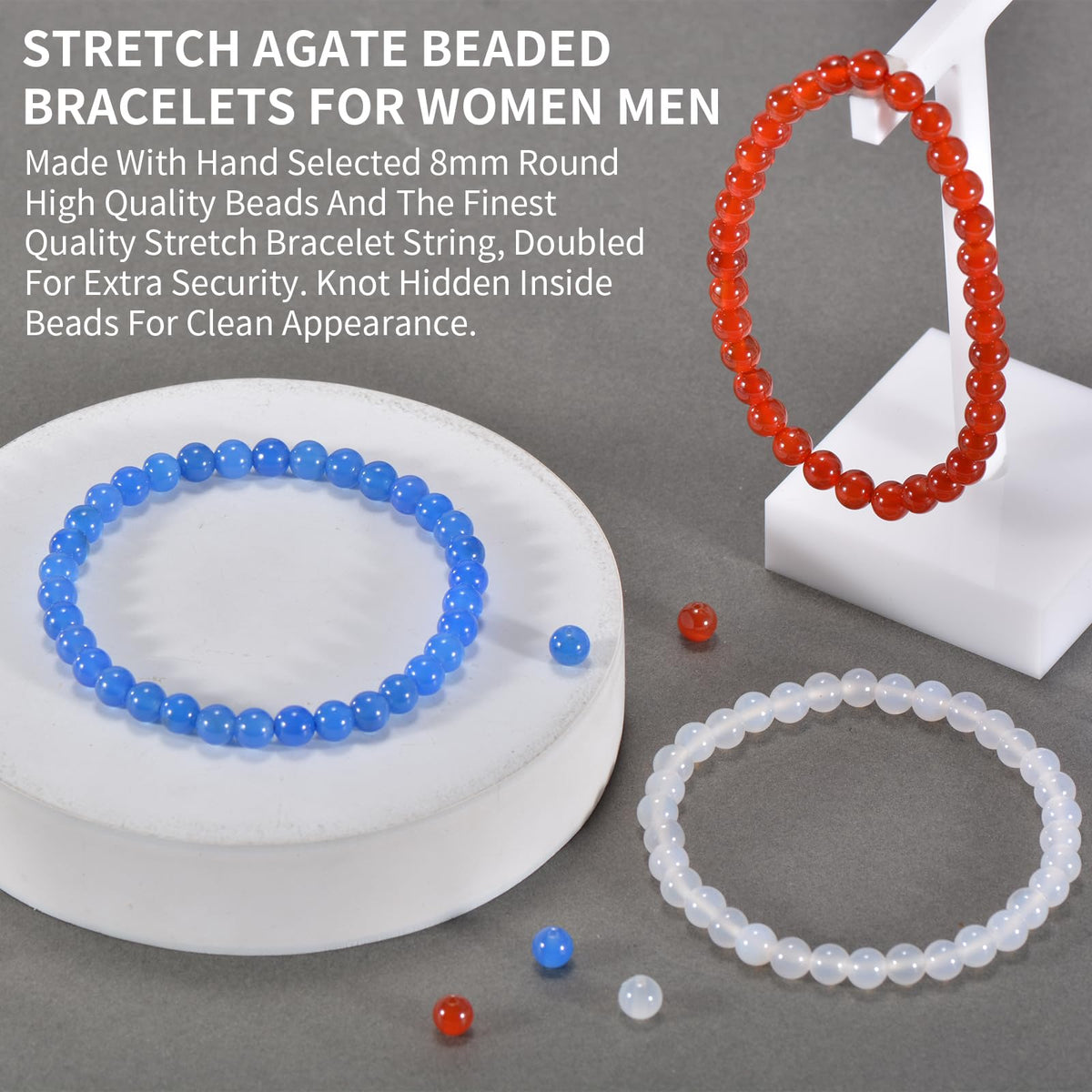 Aluckiss 6mm 3PCS Agate Bracelet for Women Men Natural Round Beaded Agates Stone Healing Stretch Bracelets Elastic Handmade Polished Gemstone Beads Bracelet Red+ Blue+White 3 Colors