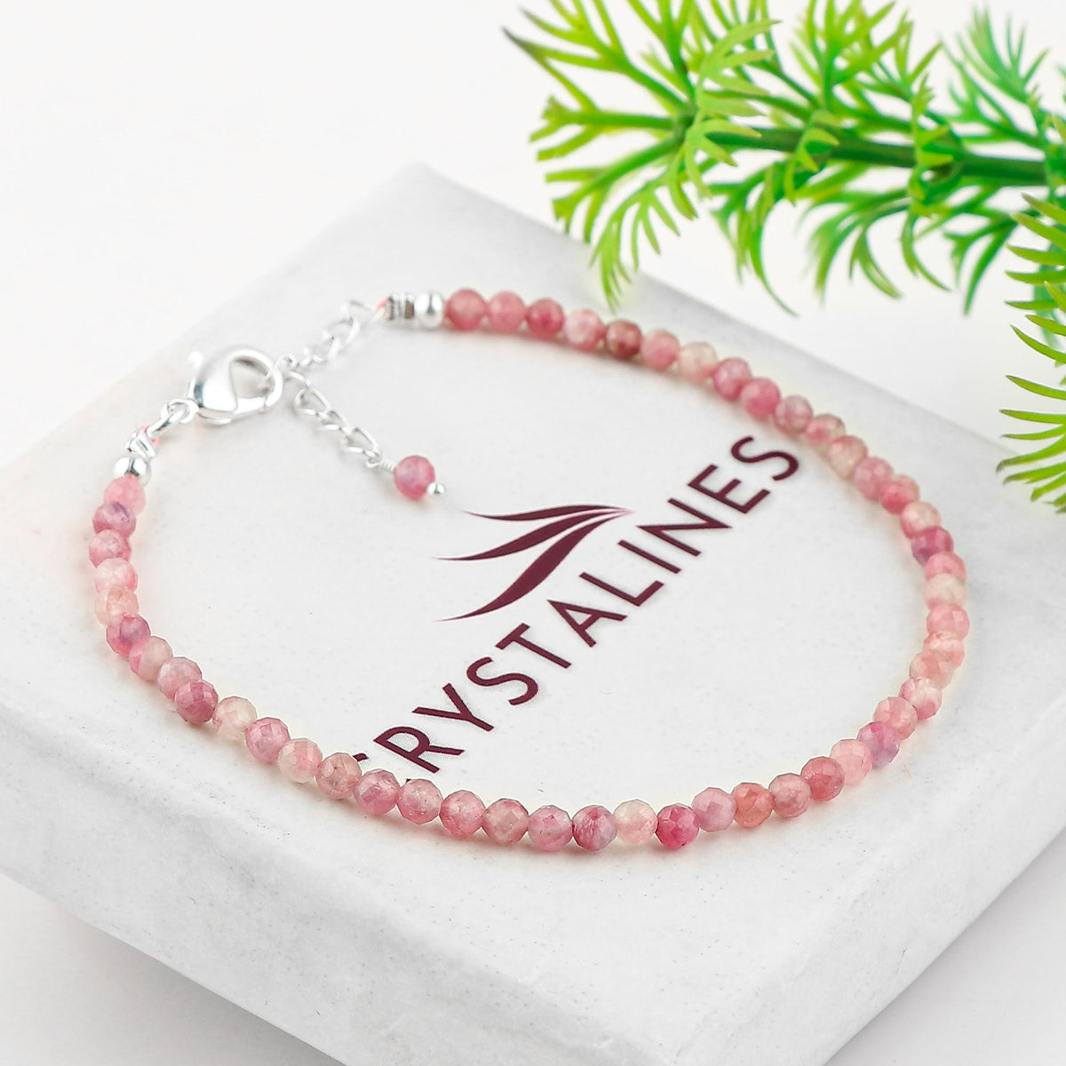 CRYSTALINES Natural Pink Tourmaline Gemstone Bracelet, Faceted Beads Stones, Handmade Hypoallergenic Boho Jewelry for Women, Healing Crystals, Adjustable Silver Plated 7+1inch, October Birthday Gift