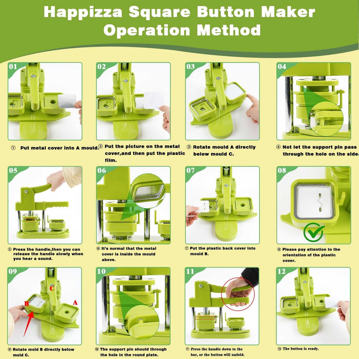 Happizza Square Button Maker Machine, Installation-Free Pin Maker Machine 50mm/1.97in, Square-Shaped Pin Badge Button Press Machine with 100pcs Button Maker Supplies, DIY Pin Maker Machine Kit