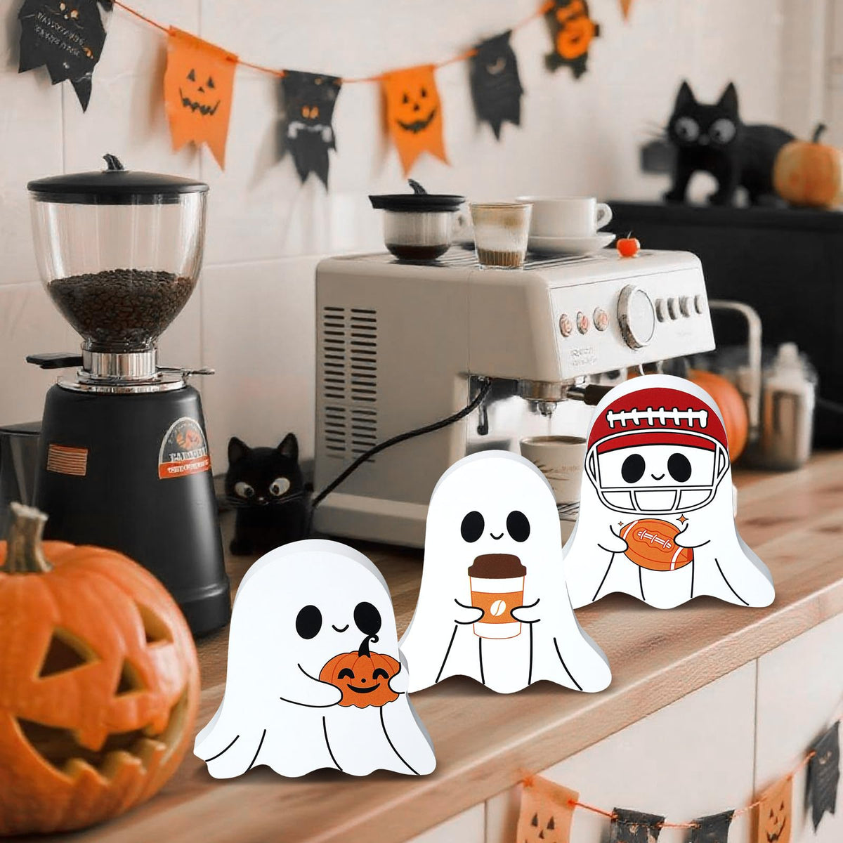 Geelin 3 Pcs Halloween Coffee Bar Ghost Decor Cute Halloween Kitchen Decorations Coffee Bar Wooden Tiered Tray Table Sign Football Pumpkin Tabletop Centerpiece for Home Office Freshly Shelf Display