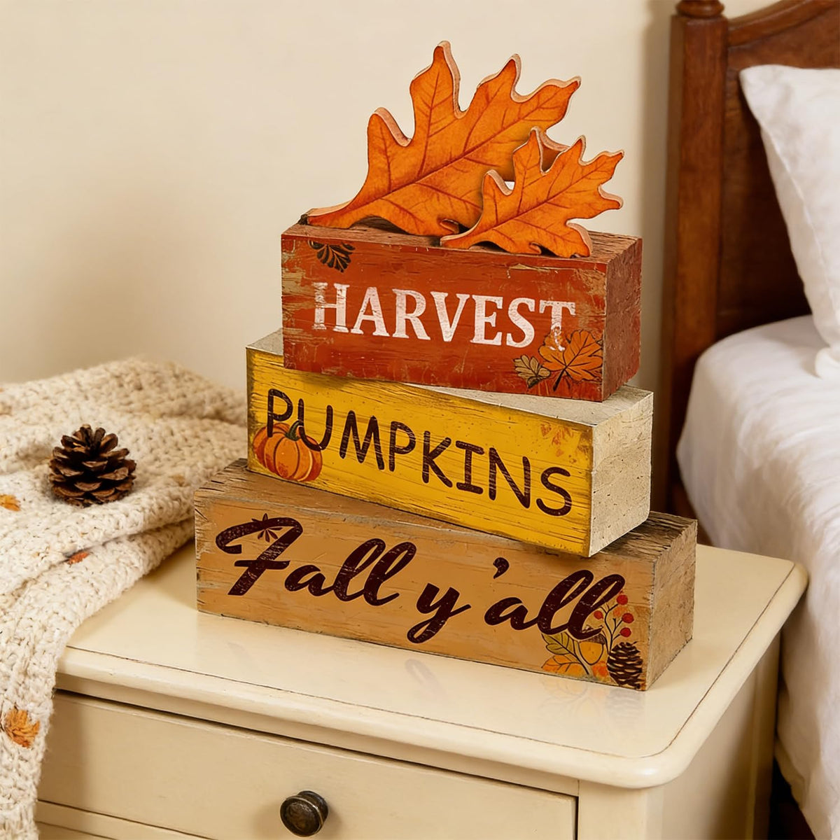 4 Pcs Fall Thanksgiving Tiered Tray Decor Wooden Harvest Pumpkin Signs Fall Yall Rustic Farmhouse Table Decoration Centerpieces Harvest Wooden Blocks for Home Kitchen Living Room Indoor Tabletop Decor