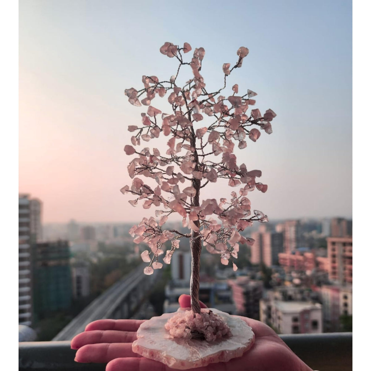 ZAARIYA Rose Quartz Crystal Tree with Bracelet for Home Decor, Healing, Spiritual Gifting, Room Decor, New Year & Good Luck Gifting | Made from Genuine Crystal Stones (9 x 3 Inches)