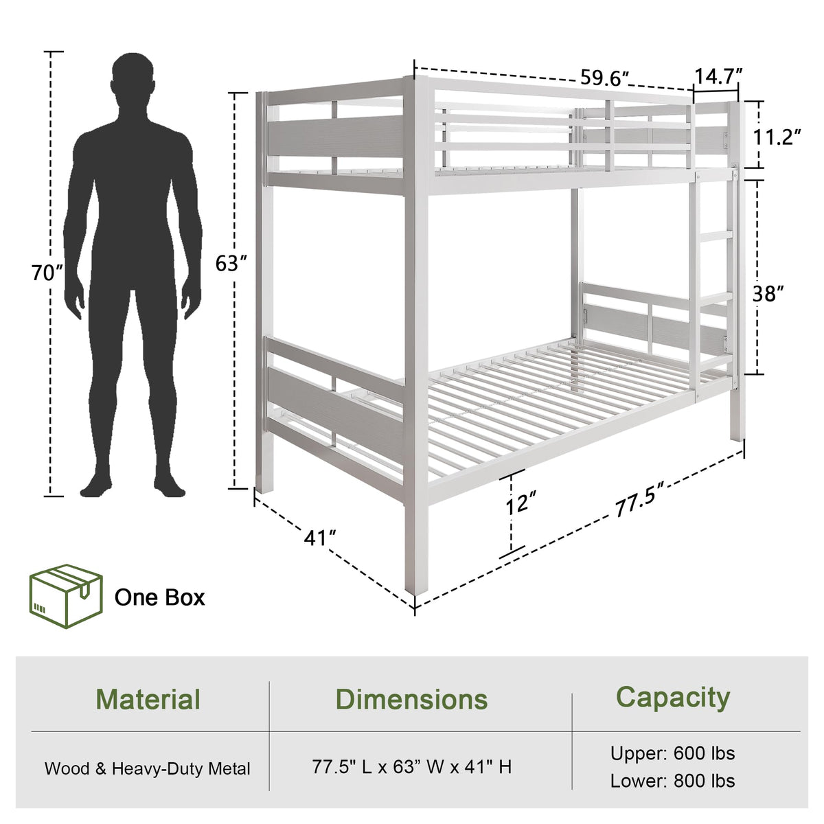 Feonase Metal Bunk Bed Twin Over Twin with Ladder and High Guardrail, Heavy-Duty Metal Slats Support, Noise Free, No Box Spring Needed, for Kids and Juniors, Black