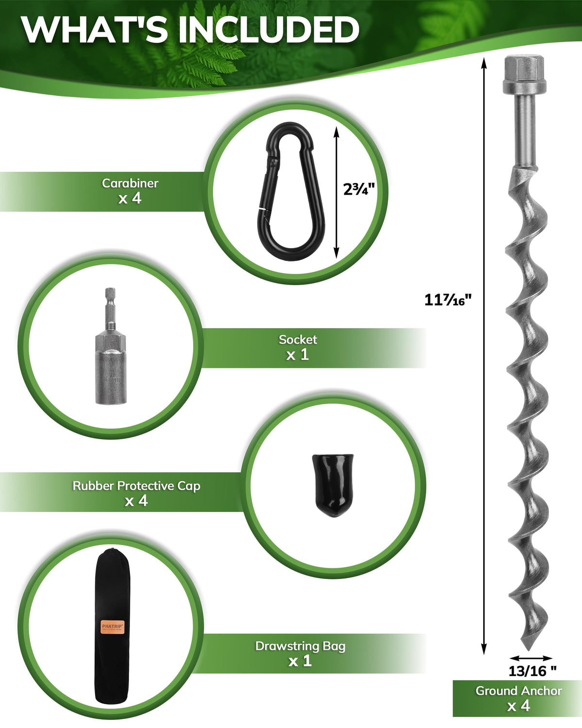 11.5" Ground Anchors Screw-in, 4-Pack Heavy Duty Tent Stakes with Carabiners and Power Nut Driver Drill Bit, Steel Earth Anchors for Camping Tents, Swing Sets, Securing Animals, Sheds and Trampolines