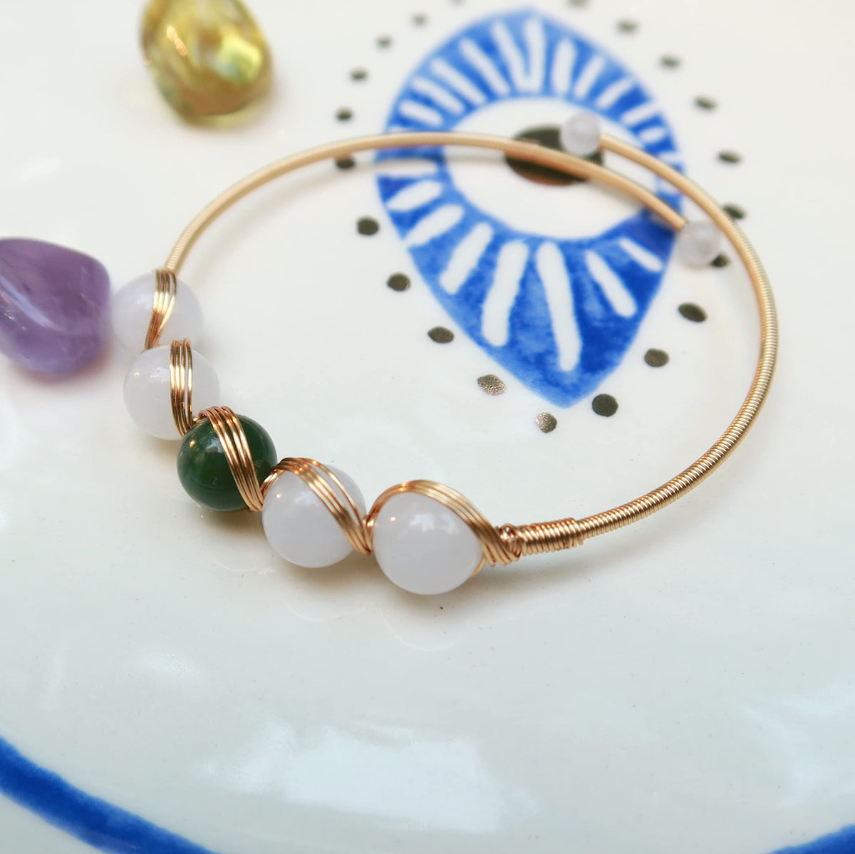 PSEEHEE Handmade Genuine Jade Bracelet 14k Gold Filled Wire Wrapped, Feng-shui Stone Chakra Healing Gemstone Crystal Beads Adjustable Bangle Cuff Jewelry Gift for Women