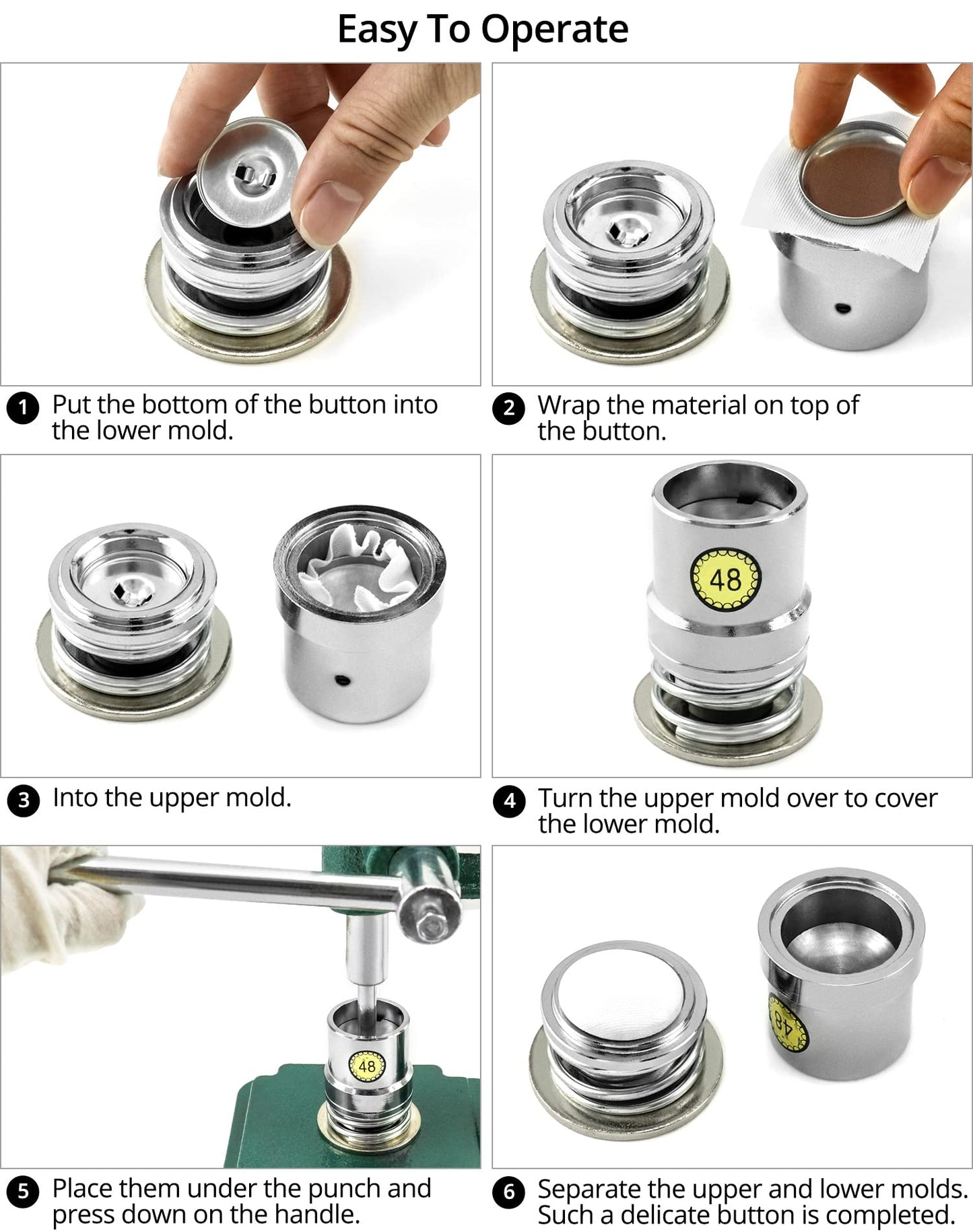 QWORK Fabric Button Maker Kit with 3 Die Sizes – Adjustable Press Tool for Sewing, DIY, Upholstery, 11/16", 1", 1-3/16" Dies
