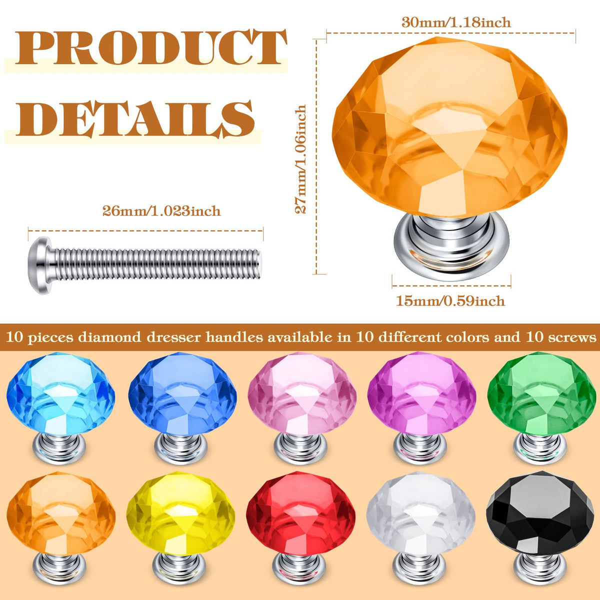 Youyole 10 Pcs Colorful Drawer Crystal Knobs 30mm Glass Pull for Cabinets and Drawers Knobs for Dresser Drawers and Kitchen(Classic Style)