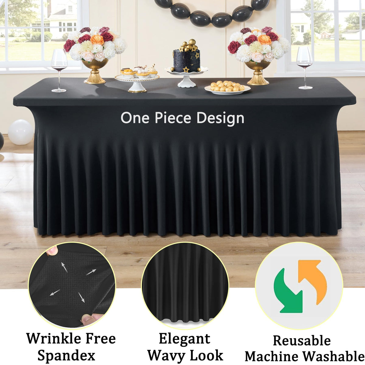 2 Pack Black Spandex Table Covers for 6 Foot Rectangle Tables, Wrinkle Free Fitted Tablecloths 6ft Stretch Table Clothes with Skirt for Parties Weddings Birthday Banquet Baby Shower