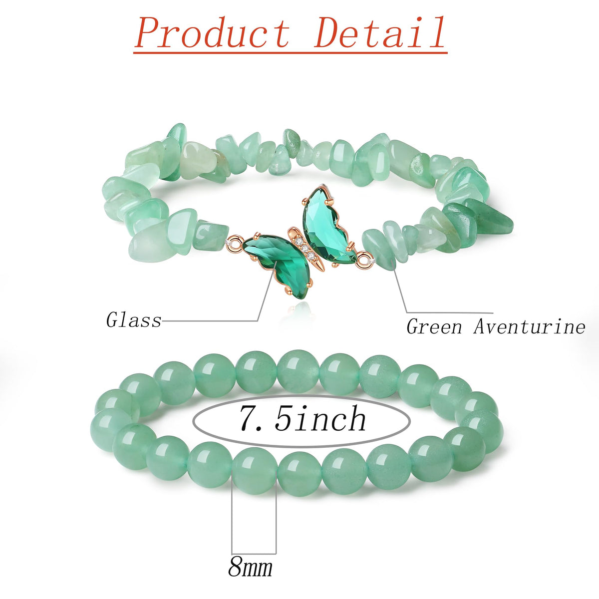 DUQGUHO 2Pcs Green Aventurine Bracelet for Women Butterfly Bracelet Gift for Women Healing Crystal Bracelet Natural Green Aventurine Jewelry 8mm Green Crystal Beaded Bracelet Gift for Birthday