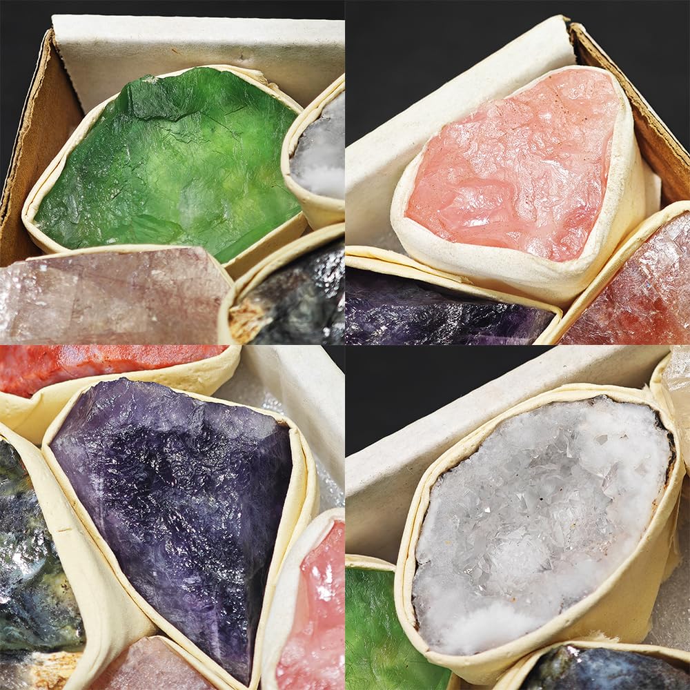 9 PCS Healing Crystals Raw Stones Set Natural Rock Minerals Specimens Collection Natural Amethyst White Crystal Fluorite Rose Quartz Assorted Gemstones Raw Energy Meditation(Crystal Rough Stone Set)