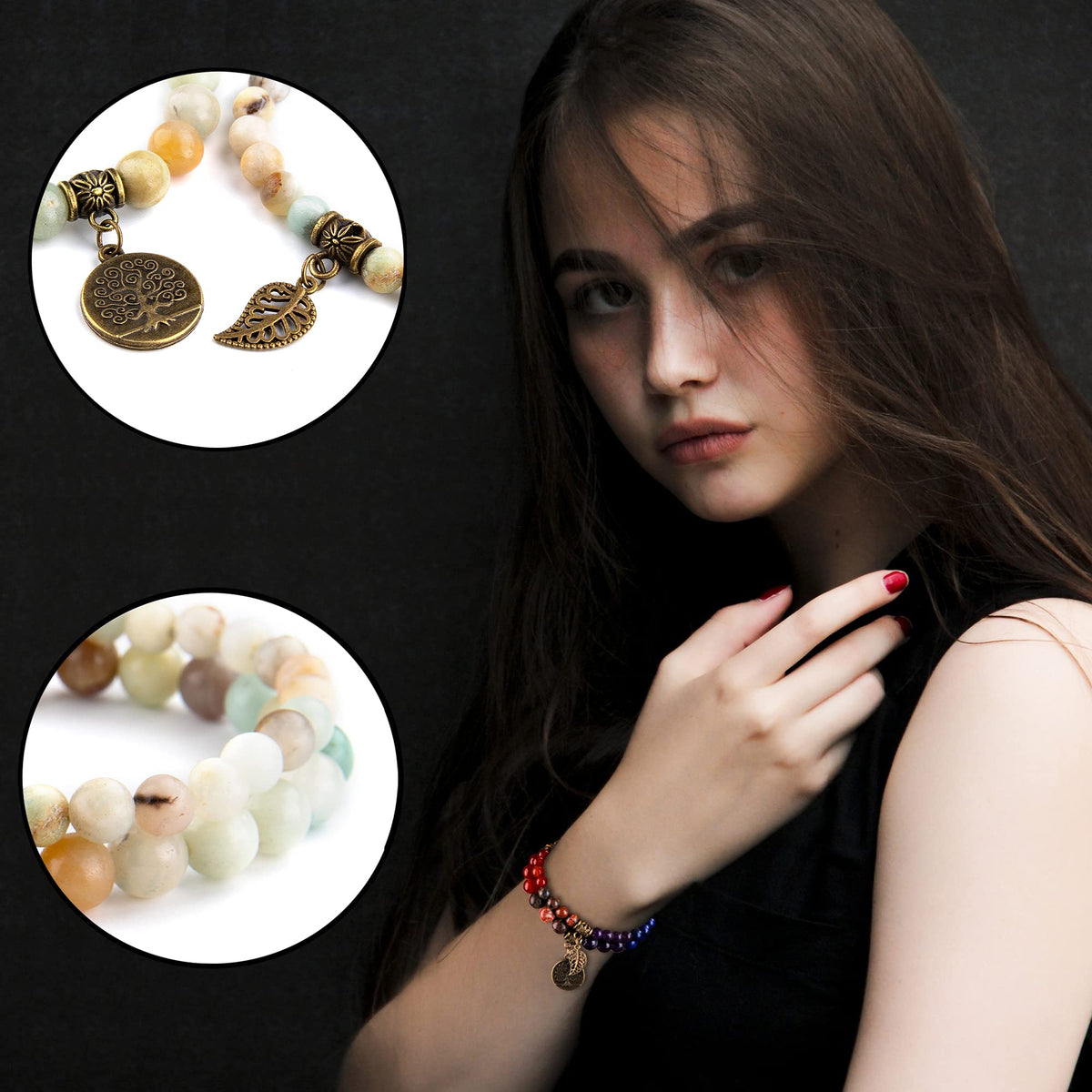 Bivei Natural Semi Precious Gemstone Beads Bracelet for Women - Life Tree and Leaf Charm Chakra Energy Anxiety Stretch Bracelets (Amazonite Beads)