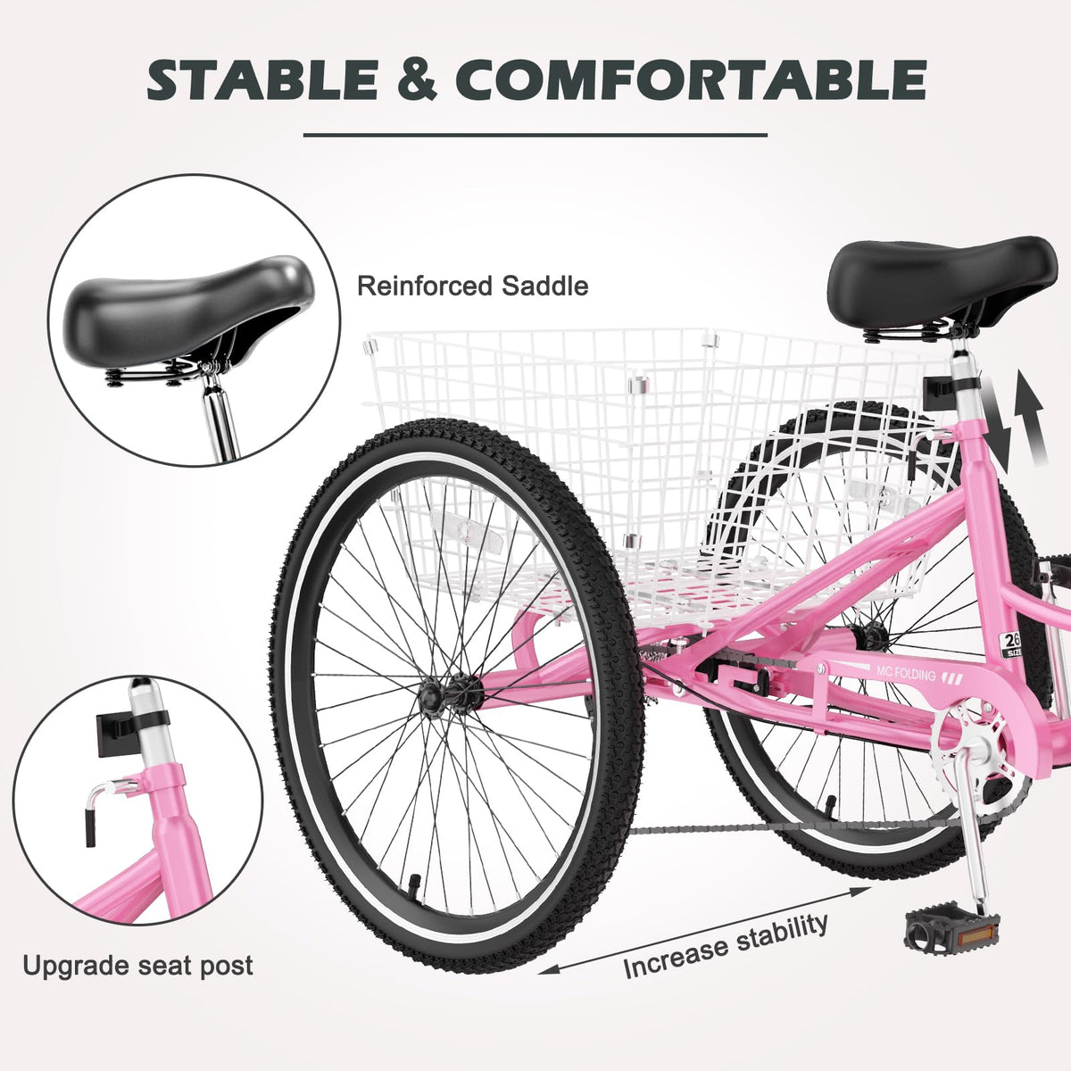 H&ZT Adult Tricycle, 3 Wheeled Bike, Trike Cruiser Bike, with 7-Speed Gear, Parking Brake Handle, Low Step, Large Rear Basket, Elderly Friendly, for Men, Women, and Teens