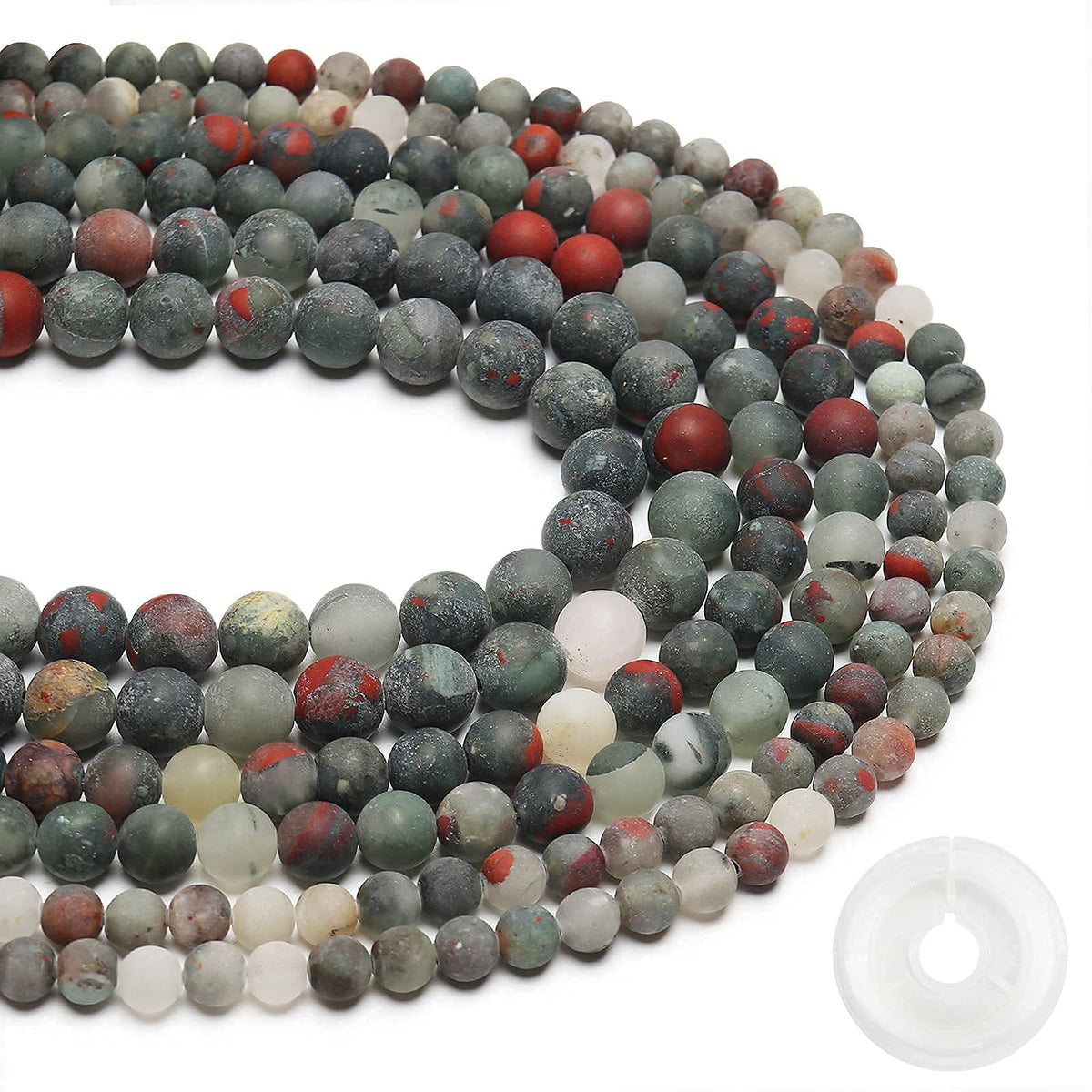Natural Matte African Bloodstone Beads, 10MM Round Frosted Unpolished Loose Gemstone Beads for Bracelet Necklace Jewelry Making, Energy Stone Healing Power with Stretch Beading Cord