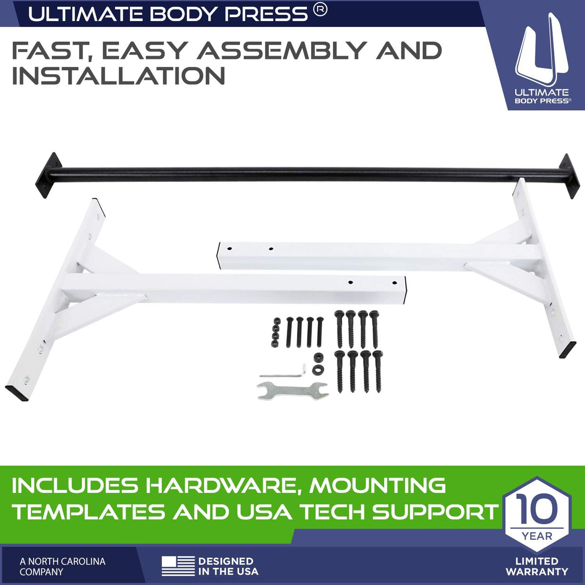 Wall or Ceiling Mount Pull Up Bar with 48” Straight Bar and 22” Risers, Double Wall Mounting Plates Fit 16” or 24” Studs and Joists by Ultimate Body Press