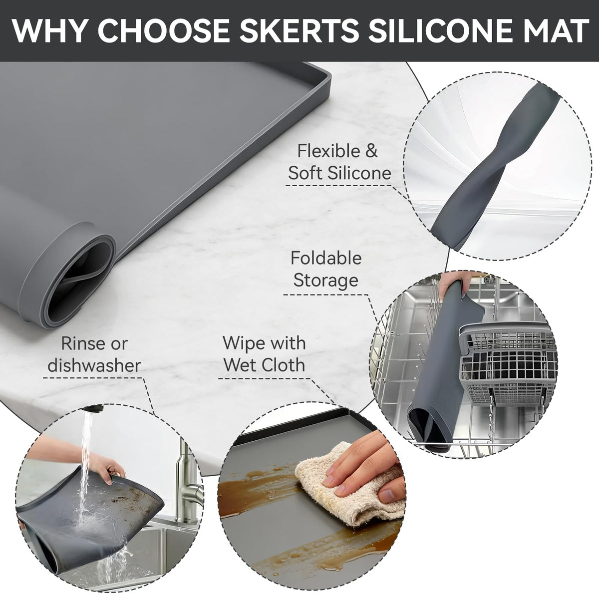 SKERTS Silicone Fridge & Washing Machine Mat 27"x27"x0.8" Non-Slip Spill-Proof Floor Protector with Raised Edges for Mini Fridge, Dishwasher, Pet Bowls, Dark Gray