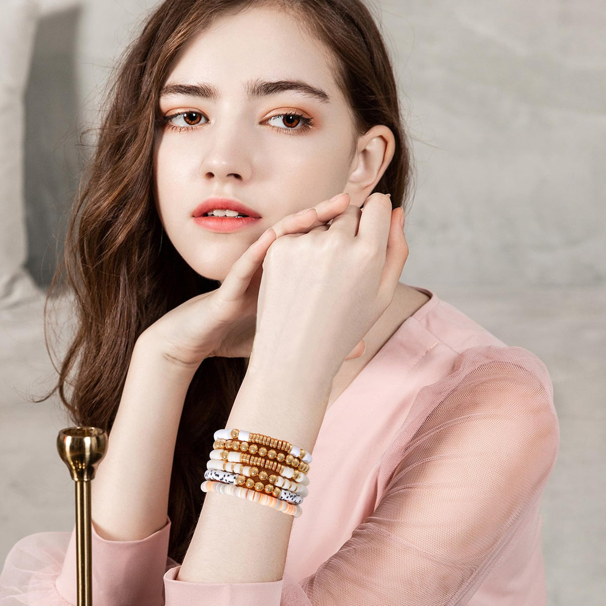 GOOJIDS Surfer Heishi Clay Bead Bracelets for Women Bohemian Stackable Gold Plated Beaded Stretch Bracelets Elastic Layering Friendship Bracelets Set Boho Jewelry (T-MixWhite Set)
